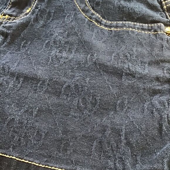 GOLD Premium Guess denim mini skirt dark blue gold sexy low rise in size 28 - Picture 9 of 16